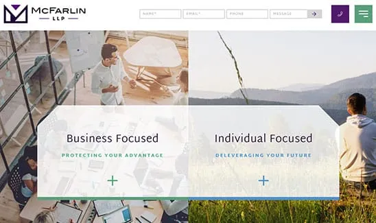 Image of a website homepage for McFarlin LLP with sections labelled "Business Focused" and "Individual Focused" containing brief descriptions and accompanying images.