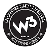 W3 Awards logo with "Celebrating Digital Excellence" text and "2019 Silver Winner" displayed.