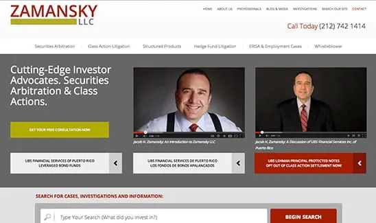 Website homepage for Zamansky LLC showcasing two videos featuring individuals discussing financial services and securities arbitration. There are also clickable links for free consultations and class action updates.