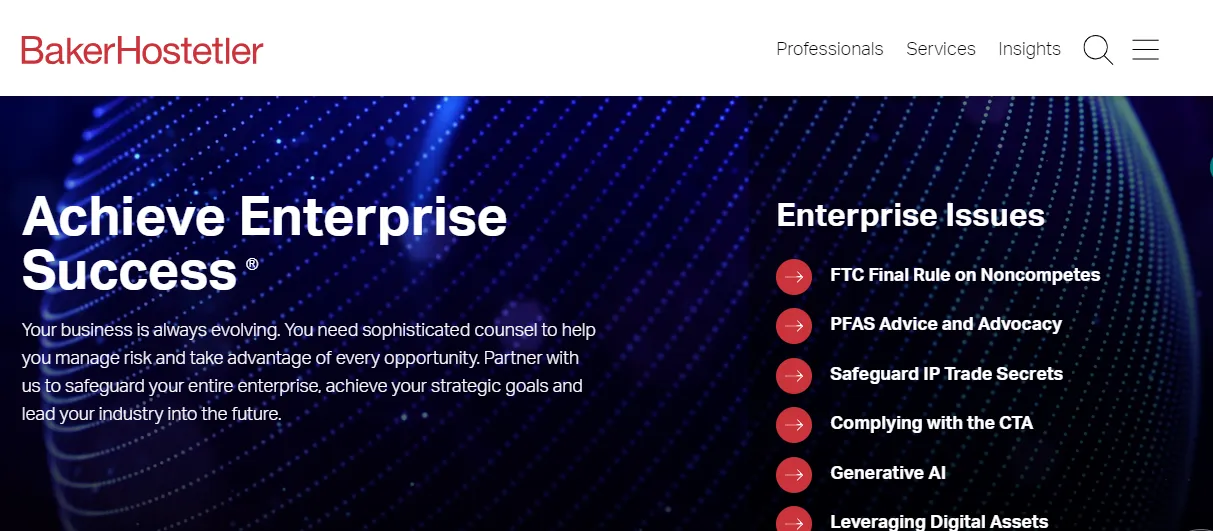 A webpage with a heading "Achieve Enterprise Success" and subheading detailing business legal support. A list of services is shown on the right, including FTC final rule on noncompetes and PFAS advice.
