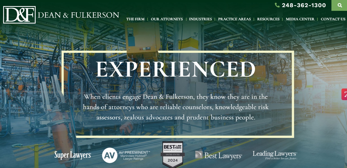 A web page banner for Dean & Fulkerson law firm with text emphasizing their experience and attributes such as reliable counselors and knowledgeable risk assessors. Background shows an industrial setting.