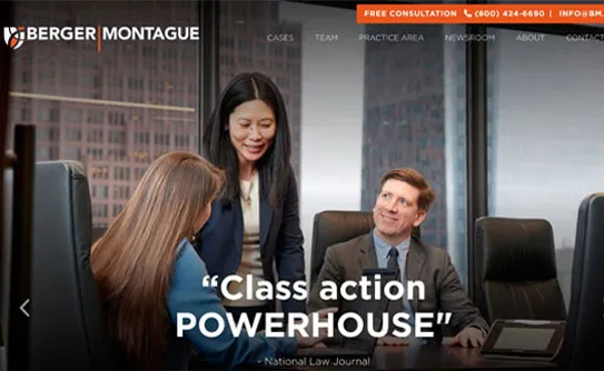 Image showing a professional meeting with three individuals in a conference room. The text reads "Class action POWERHOUSE" - National Law Journal. The Berger Montague logo is seen at the top left.