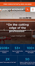 A website screenshot showing a law firm's contact information, quote about being "on the cutting edge of the profession," statistics on settlements, case years, number of attorneys, and top rankings and awards.