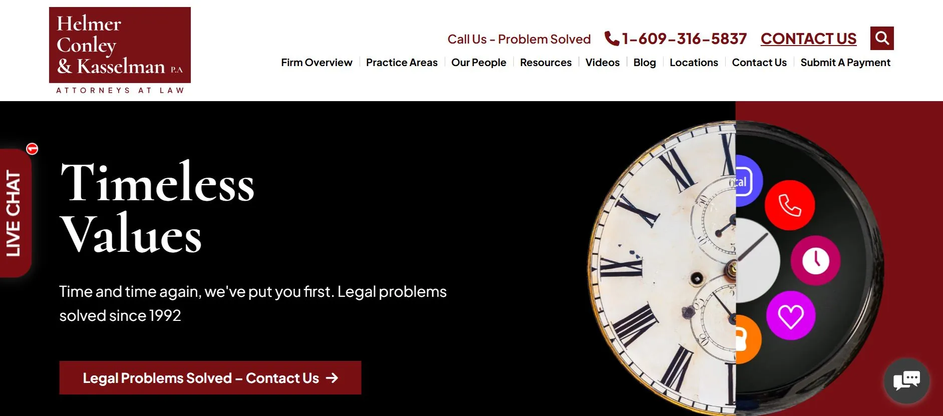 Law firm website banner with a vintage clock and text stating "Timeless Values" and contact info.