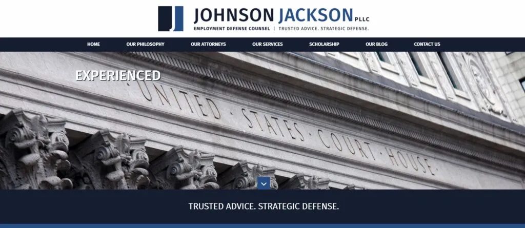 Website homepage of Johnson Jackson PLLC, an employment defense law firm. The image shows a classical building with "United States Court House" inscribed on it, with the firm's name and services listed above.