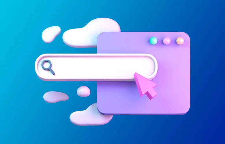 Illustration of a search engine interface with a magnifying glass icon and a pink cursor above a purple window on a blue background with white cloud shapes.