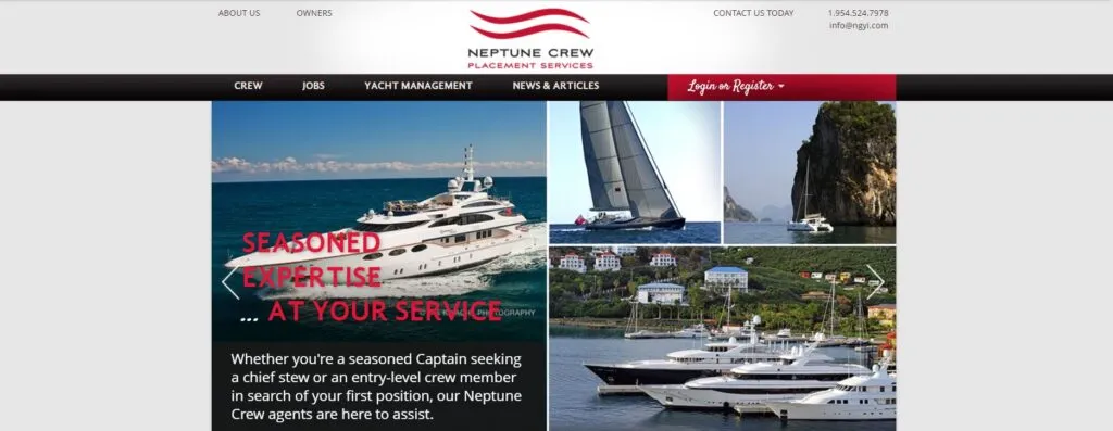 A screenshot of the Neptune Crew Placement Services website. It includes images of yachts, service listings, and contact details for yacht crew placement. A banner reads "Seasoned Expertise at Your Service.