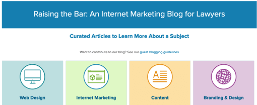 A webpage titled "Raising the Bar: An Internet Marketing Blog for Lawyers" displays categories: Web Design, Internet Marketing, Content, and Branding & Design.