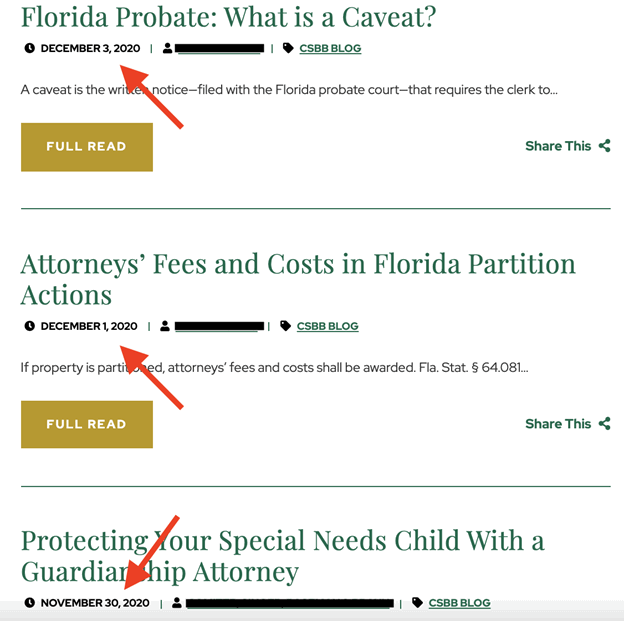 Screenshot displaying three blog post titles from CSBB Blog with publication dates and arrows pointing to them. Titles are about Florida probate, attorney fees in partition actions, and special needs guardianship.