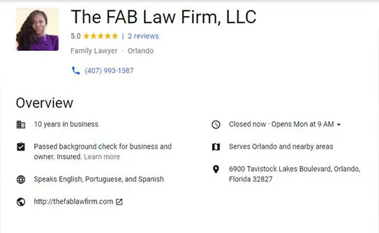 Image showing online business details for The FAB Law Firm, LLC, including a five-star rating, contact information, services offered in multiple languages, and address in Orlando, Florida.