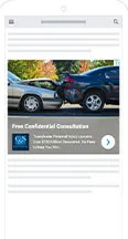 A mobile advertisement showing a rear-end car accident, with a note offering free confidential consultation for personal injury claims.