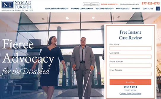 A man using a white cane exits a building with a woman. The image displays contact fields for a "Free Instant Case Review" by Nyman Turkish Law Firm, advocating for the disabled.