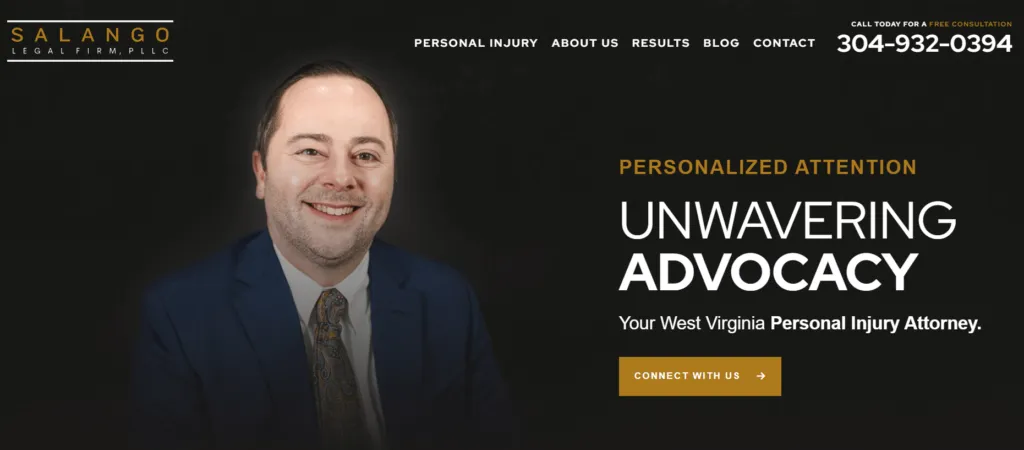 A professional-looking man in a suit smiles next to text promoting personalized attention and unwavering advocacy by a West Virginia personal injury attorney. Contact information and a call-to-action button are present, highlighting the services of Salango Legal Firm PLLC on their new PaperStreet Law Firm website.