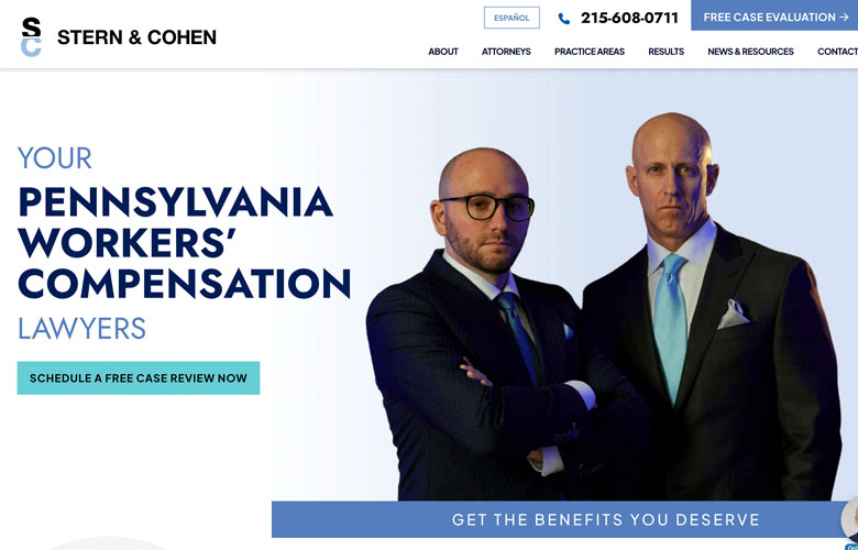 Homepage of Stern & Cohen law firm featuring two lawyers in suits with text promoting Pennsylvania workers' compensation services and a button to schedule a free case review. Stern & Cohen launches new PaperStreet Law Firm website with contact info displayed at the top.