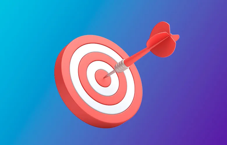 An arrow hits the center bullseye of a red and white target against a gradient blue and purple background.