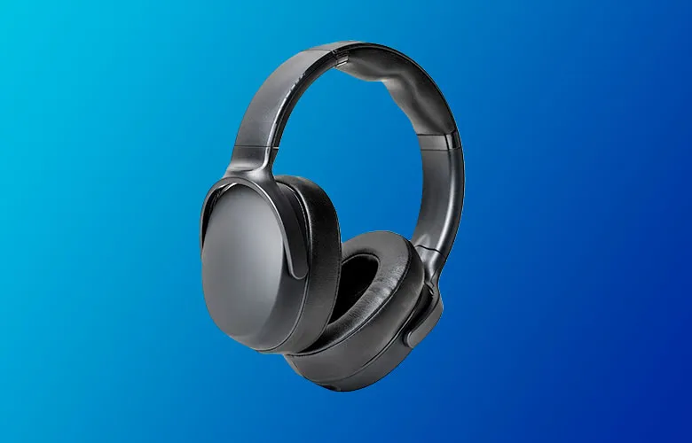A pair of black over-ear headphones against a blue gradient background.