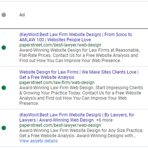 A screenshot of an online ad for law firm website design services, featuring links to various web pages offering free website analysis and award-winning web design for lawyers.
