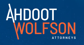 Logo for Ahdoot Wolfson Attorneys featuring the company name in white and orange text on a blue background.