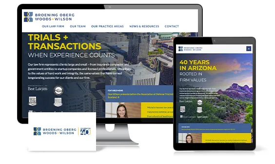 Image of a law firm's website displayed on a computer monitor and a tablet. The site highlights "Trials + Transactions" and "40 Years in Arizona" with related text. A business card is also visible.