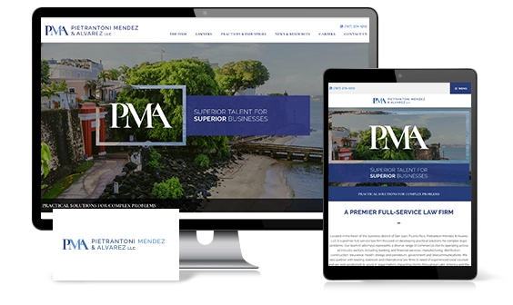 Website and business card for Pietrantoni Mendez & Alvarez LLC displayed on a computer monitor, tablet, and the card, showcasing legal services for businesses.