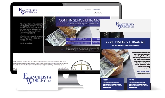 Computer screen and printed marketing materials displaying branding for Evangelista Worley LLC, a legal firm specializing in contingency litigation for business and corporate stakeholders.