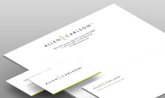 Stationery set featuring a letterhead, business card, and envelope for Allen Carlson Inc. on a white background, displaying the company's logo and contact information.