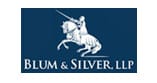 Logo of Blum & Silver, LLP featuring a white knight on horseback holding a lance on a dark blue background.