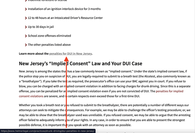 A document lists penalties for DUI in New Jersey, including fines, license suspension, and ignition interlock device requirements. A red arrow points to the "penalties for DUI in New Jersey" section.