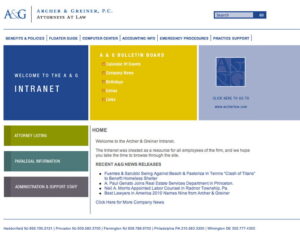 Screenshot of the Archer & Greiner, P.C. intranet site home page, displaying sections for attorney listing, paralegal information, and recent news; includes company address and contact information.