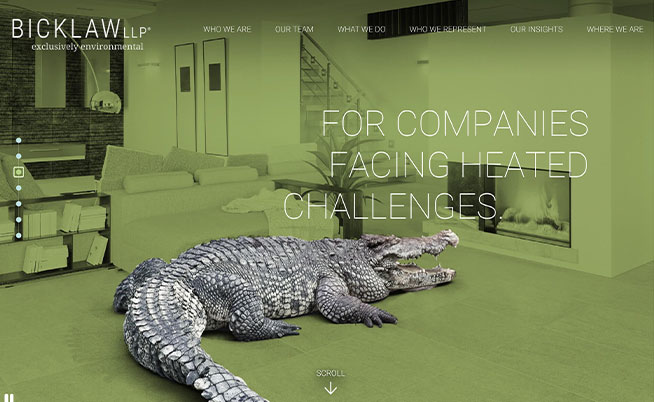 A digitally altered image of a large crocodile on the floor of a corporate office with the text "FOR COMPANIES FACING HEATED CHALLENGES" and "BICKLAW LLP exclusively environmental.