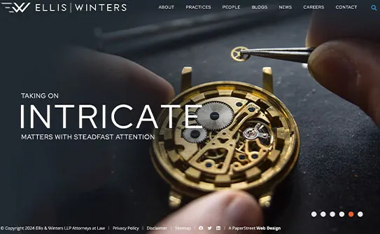 A close-up of hands working on a detailed clock mechanism with tools, overlaid with text "Taking on Intricate Matters with Steadfast Attention," and the Ellis Winters LLP website header.