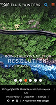 Aerial view of a winding road cutting through a forest. Text overlay reads "Going the extra mile for resolution: In every case, every time." Footer shows copyright details for Ellis & Winters LLP.