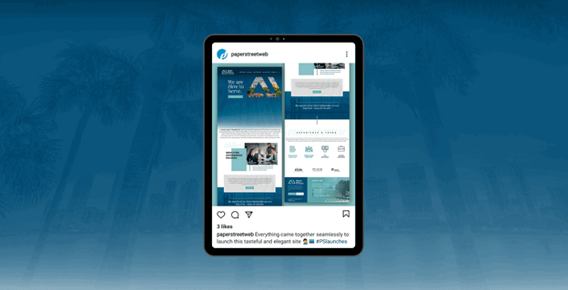 A tablet displaying an Instagram post by paperstreetweb showcasing a website design. The post includes images of web pages with blue and white color schemes and text about services.