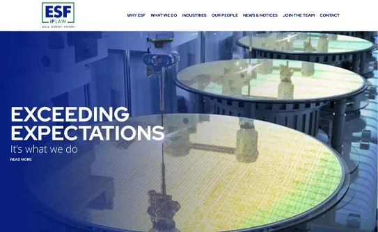 Close-up view of semiconductor wafers in a manufacturing facility displayed on the website of ESF IP Law with the tagline “Exceeding Expectations.” Navigation menu visible at the top.
