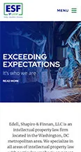 Screenshot of a law firm's website with the heading "Exceeding Expectations." The firm's name is ESF, Shapiro & Flinman, LLC, specializing in intellectual property law in the Washington, DC area.