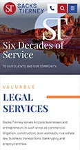 A mobile webpage for Sacks Tierney law firm, showcasing their legal services. The banner reads, "Six Decades of Service," with a background image of a desert landscape.