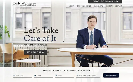 Website screenshot for "Cody Warner P.C., Criminal Defense Attorney," with a man in a suit seated at a desk. Text: “Let’s Take Care of It” and links for consultation and contact details.