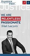 Advertisement for "Hamideh Firm," featuring a smiling man in a suit with the text "We are relentless, passionate trial lawyers" and "Justice" in the background.