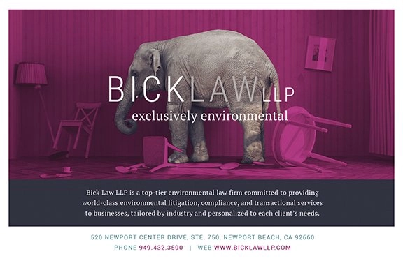 Advertisement image with an elephant standing in a room with overturned furniture and pink/purple lighting. Text reads "Bick Law LLP exclusively environmental" with contact details and firm description below.