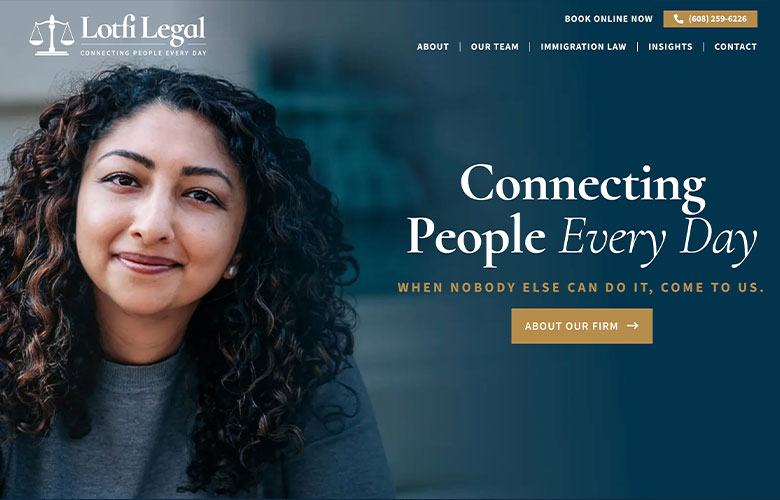 A person with curly hair smiles at the camera. The banner for "Lotfi Legal" displays the text "Connecting People Every Day." and offers contact and service information, proudly announcing, "Lotfi Legal Launches New PaperStreet Law Firm Website.