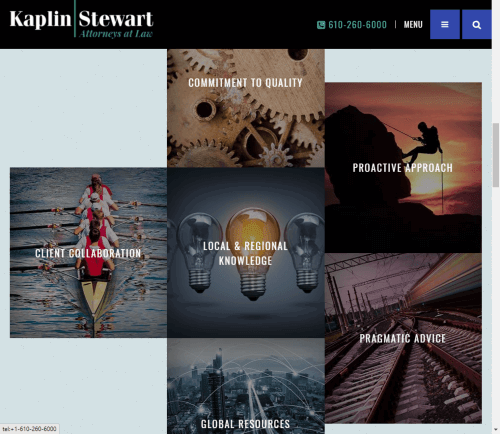 Homepage of Kaplin Stewart Attorneys at Law featuring visual themes: commitment to quality, proactive approach, client collaboration, local & regional knowledge, pragmatic advice, and global resources.
