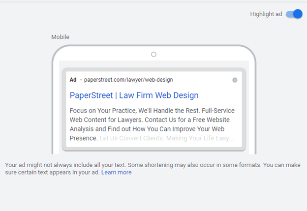 A sample mobile ad for PaperStreet's law firm web design services, mentioning their specialization in web content for lawyers and providing a link for more information.