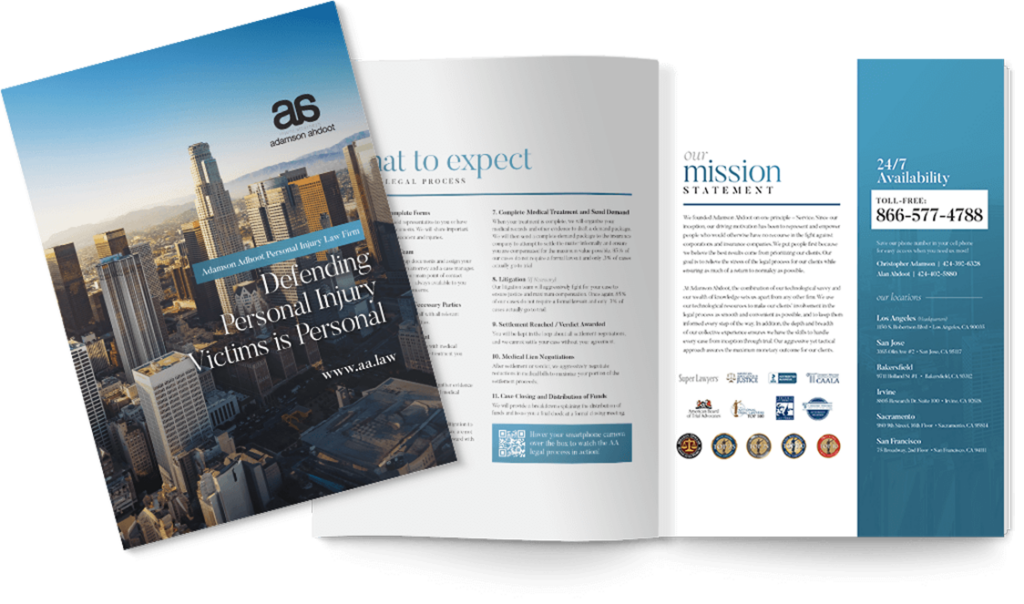 Brochure for adamson ahlander law firm featuring cover with cityscape and slogan, "Defending Personal Injury Victims is Personal", and inside pages detailing services, mission statement, and contact information.