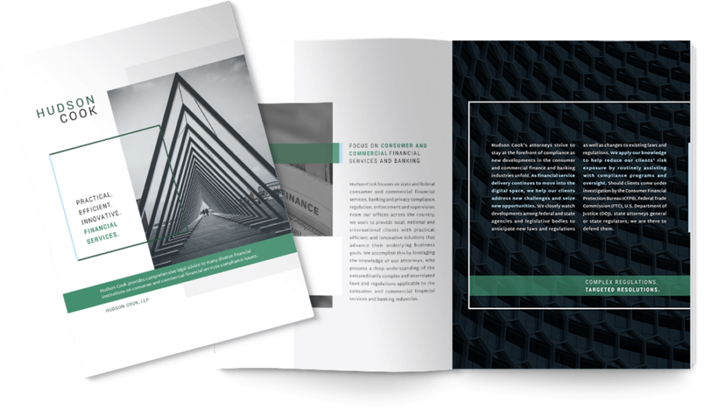A financial services brochure by Hudson Cook with the title "Practical, Strategic, Innovative Financial Services." It includes geometric design elements and text on consumer and commercial financial services.