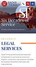 The image shows a section of the Sacks Tierney website, highlighting their legal services with text that reads "Six Decades of Service" and "Valuable Legal Services." The background includes a scenic landscape.