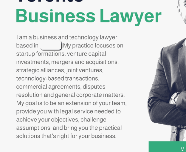 Partial view of a person wearing a suit, next to text introducing a business and technology lawyer specializing in various legal services such as mergers, acquisitions, and commercial agreements.