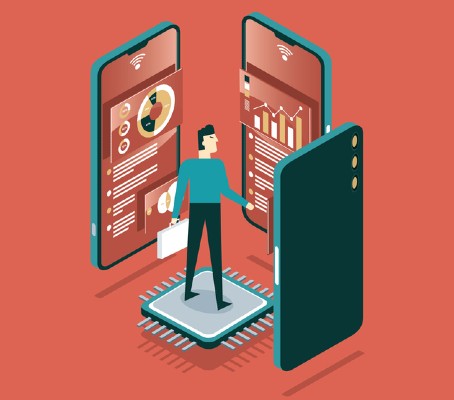 Illustration of a person holding a briefcase standing on a microchip between two large smartphones displaying charts and graphs. The background is coral red.