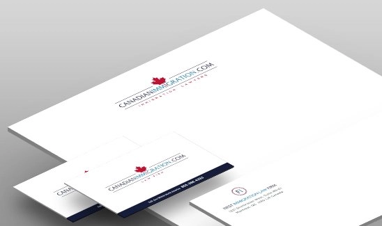 A set of white stationery including envelopes, business cards, and a letterhead, featuring the logo and branding of Canadian Immigration with a red maple leaf icon.