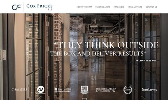 Entrance of Cox Fricke LLP office with glass doors, showcasing a quote from Chambers USA: "They think outside the box and deliver results." Various law accolades and logos are displayed at the bottom.