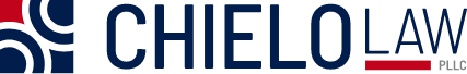 Logo for Chielo Law PLLC featuring stylized text in blue with a red and blue abstract symbol on the left.